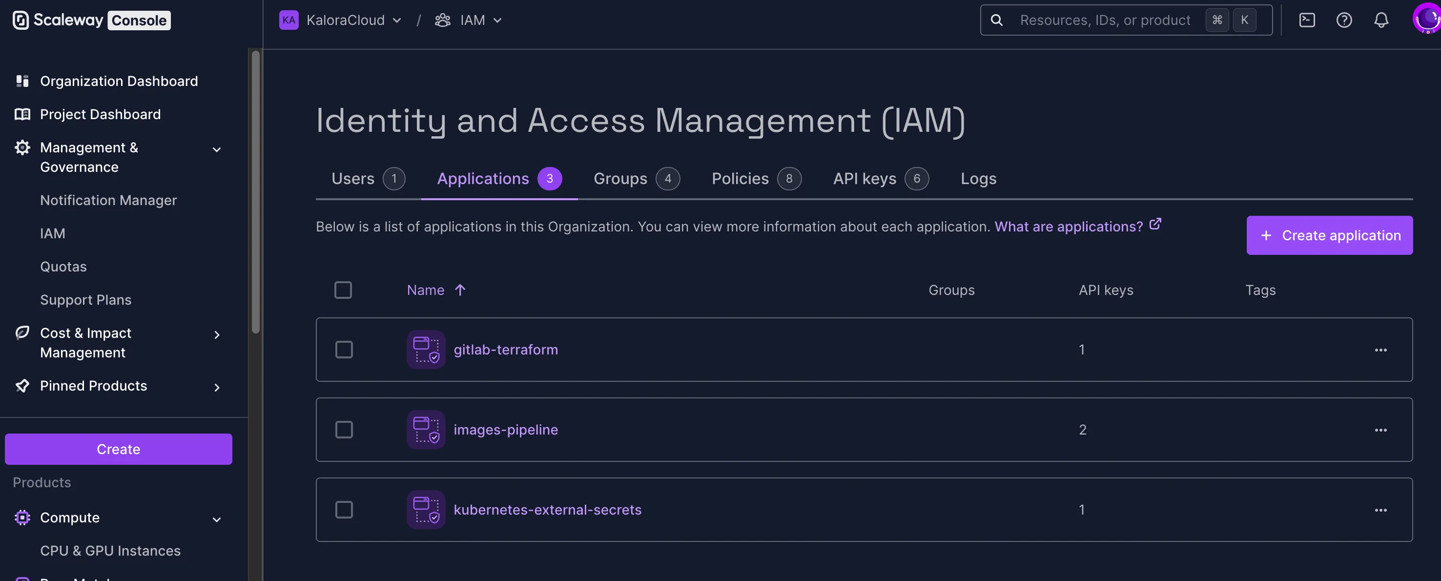 Navigating to the Applications tab and clicking Create application.