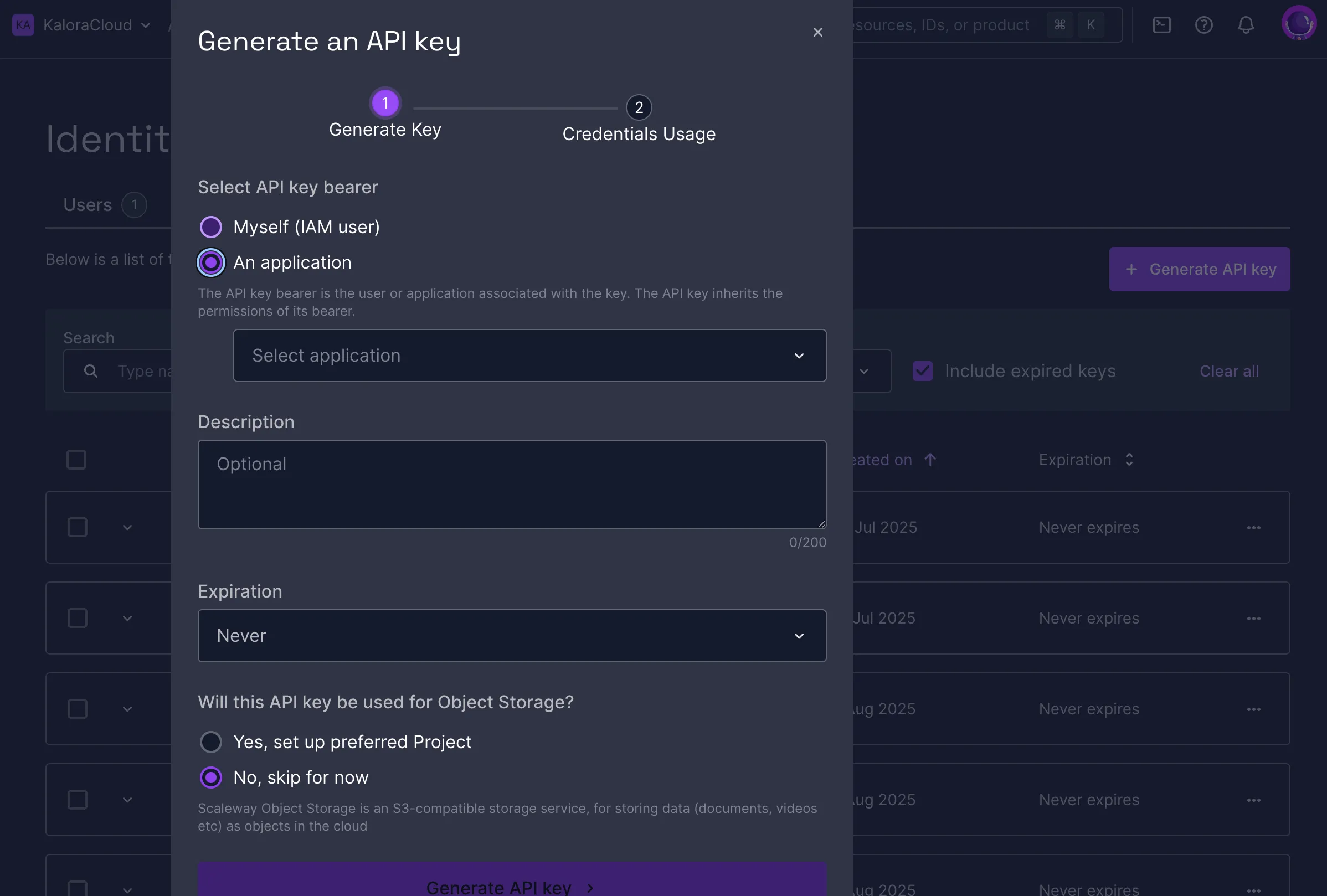 Selecting the application as the bearer and setting the expiration to never.